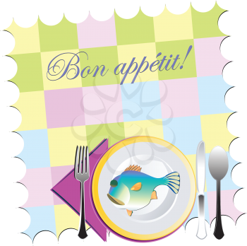 Royalty Free Clipart Image of a Fish on a Plate and Bon Appetit