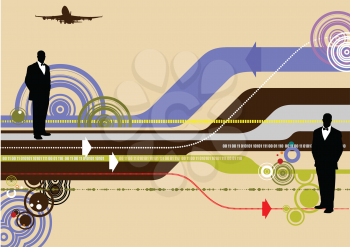 Royalty Free Clipart Image of an Abstract Background With Silhouettes of Men and a Plane