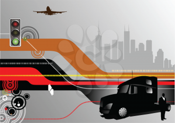 Royalty Free Clipart Image of a Background With a Truck, Plane and Traffic Light