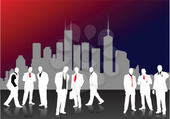 Royalty Free Clipart Image of Male Silhouettes in Front of a City