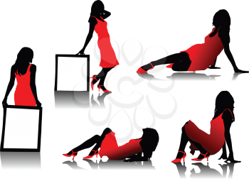 Royalty Free Clipart Image of Female Silhouettes in Red Dresses and Shoes