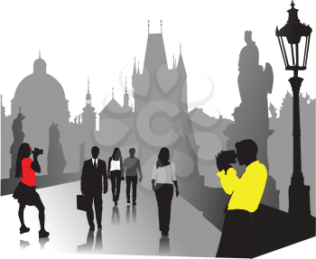 Royalty Free Clipart Image of Silhouetted People in the City
