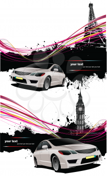Royalty Free Clipart Image of Two Banners With Cars and Landmarks