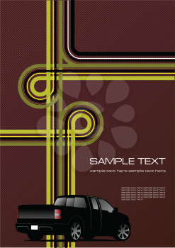 Royalty Free Clipart Image of a Pickup Truck on a Background With Intersecting Stripes