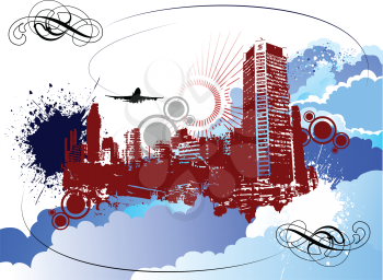 Royalty Free Clipart Image of a Grunge City Background With a Plane
