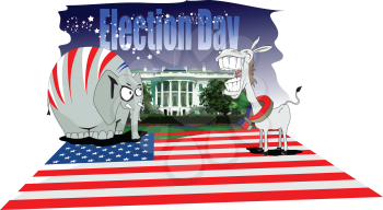 Royalty Free Clipart Image of an Election Day Ad With an Elephant and Donkey
