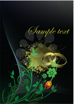 Royalty Free Clipart Image of a Black Background With Greenery, a Ladybug and Wedding Rings