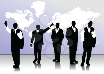 Royalty Free Clipart Image of a Group of Well-Dressed Male Silhouettes in Front of a Map