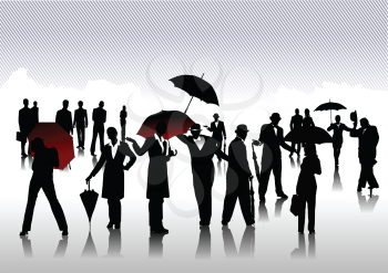 Royalty Free Clipart Image of a Silhouetted Men and Women With Umbrellas