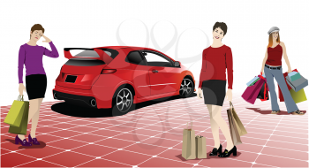 Royalty Free Clipart Image of a Three Shoppers Beside a Red Car