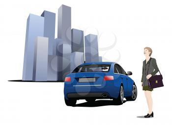 Royalty Free Clipart Image of a Woman With a Purse Beside a Blue Car