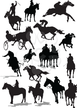 Sixteen Horse  racing silhouettes. Colored Vector illustration for designers