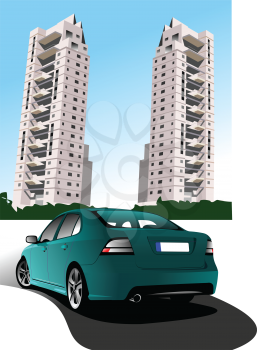 Dormitory and green car sedan. Vector illustration