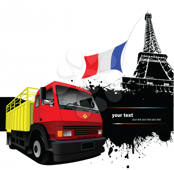 Cover for brochure with Paris image,  France flag and red-yellow truck. Vector