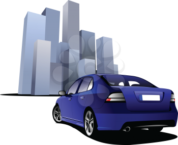 Luxury blue car on the town image background. Vector illustration