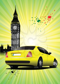 London Poster  with yellow car image. Vector illustration