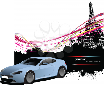 Blue sedan car with Paris image background. Vector illustration