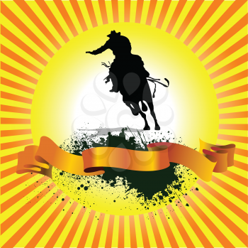Grunge sunrise background with horse racing silhouette. Vector illustration for designers