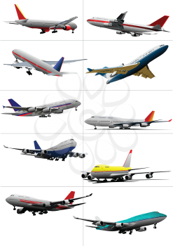 Ten passenger airplanes. Vector illustration