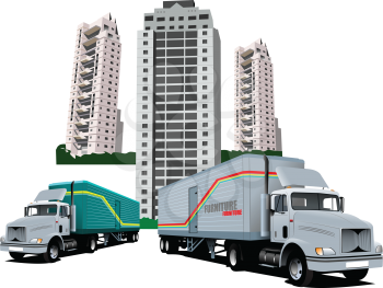 New Dormitory and two trucks. Vector illustration