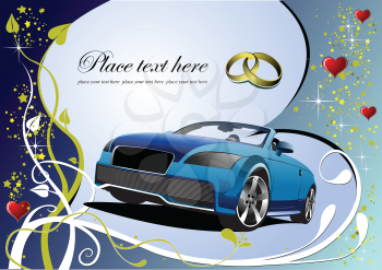 Royalty Free Clipart Image of a Wedding Card With a Blue Car