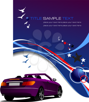 Blue background with purple cabriolet, stars and blue birds images . Vector illustration