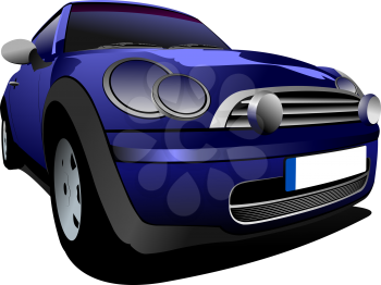 Blue small car on the road. Vector illustration