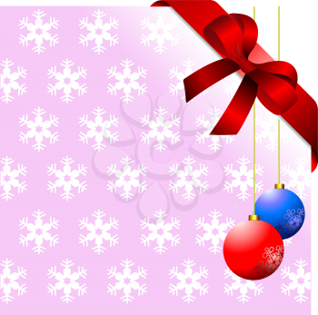 Snowflakes pink background with red ribbon and bow. Balls. Place for copy/text.