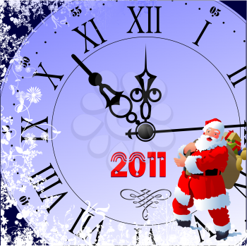Christmas and Happy New Year Illustration with Santa and clock images. Vector