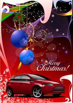 Christmas - New Year shine card with mlue balls and red car images. Vector illustration
