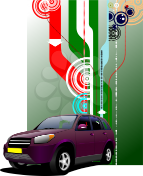 Cover for brochure with purple mini-van on the road. Vector illustration