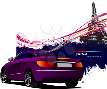Purple cabriolet  car with Paris Eiffel tower image background. Vector illustration
