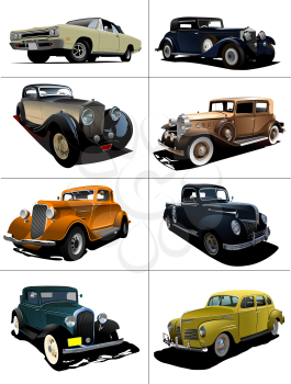 Eight  rarity cars fifty ears old. Sedan, cabriolet with closed roof. Vector illustration