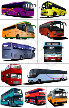 Eleven kinds of City buses. Tourist coach. Vector illustration for designers