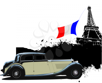 Cover for brochure with Paris and rarity closed roof cabriolet image.  France flag and red-yellow truck. Vector illustration