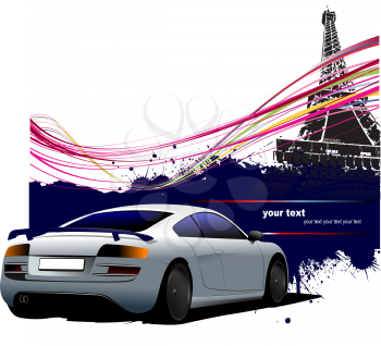 Blue-gray  car with Paris Eiffel tower image background. Vector illustration