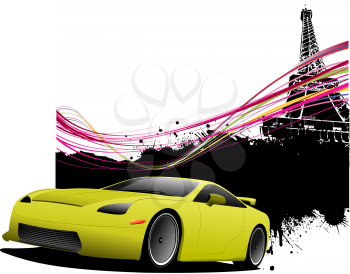 Yellow car sedan car on Paris image background. Vector illustration