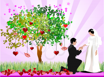 Decorative tree with hearts, lips, bride and groom images. Vector illustration