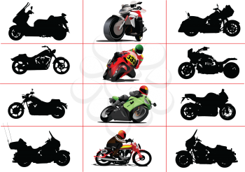 Big set of motorcycles. Black and white and color Vector illustrations