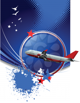 Blue abstract background with passenger plane image. Vector illustration