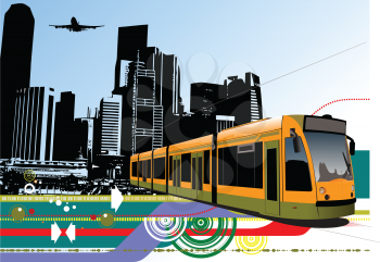 Abstract urban hi-tech background with tram on city background. Vector illustration