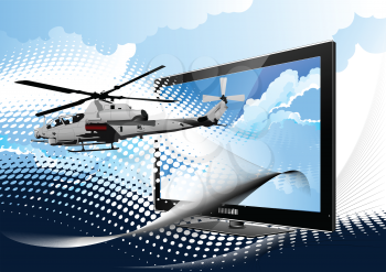Air force. Combat helicopter on the dotted background and display. Vector illustration