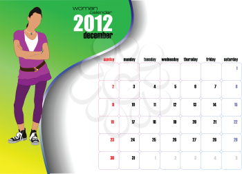 Calendar 2012 with woman image. December. Vector illustration