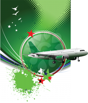 Green abstract background with passenger plane image. Vector illustration