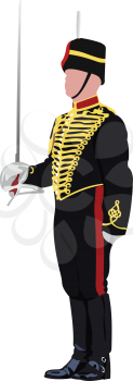 Royal Guard with sword at Buckingham palace in London. Vector illustration