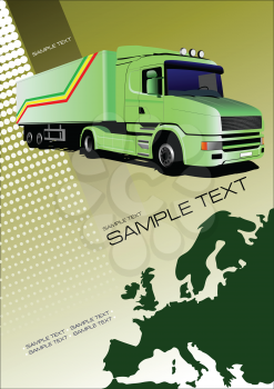 Cover for brochure or template with Europe silhouette and truck image. Vector illustration