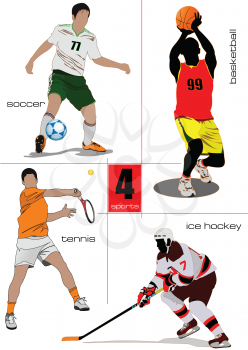 Four kinds of sport games. Football, Ice hockey, tennis, soccer, basketball. Vector illustration