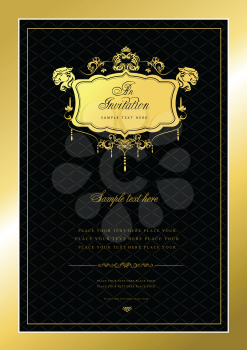 Invitation gold card. Wedding or Valentine`s Day. Vector illustrationv