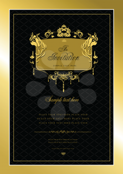 Invitation gold card. Wedding or Valentine`s Day. Vector illustration