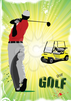 Colored poster of Golfers hitting ball with iron club and electrical car image. Vector illustration